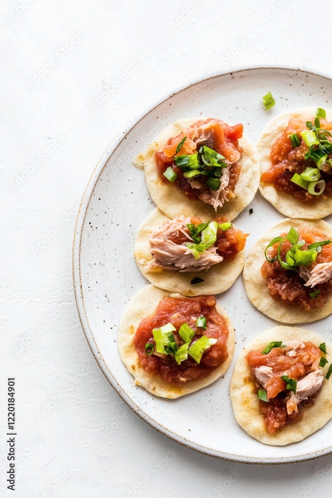 Delicious flatbreads topped with tomato sauce, canned tuna, and green onions Delicious flatbreads topped with tomato sauce, canned tuna, and green onions