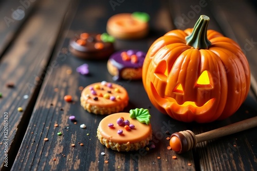 Festively decorated pumpkin with colorful cookies on a rustic wooden table. photo