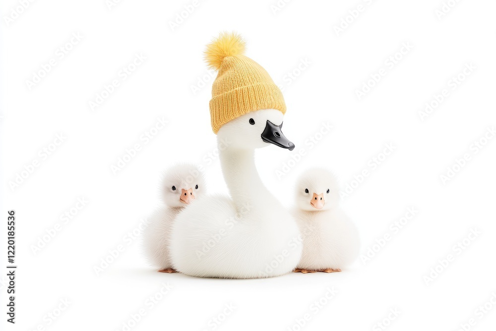 A whimsical scene featuring a fluffy white duck wearing a yellow hat, accompanied by two adorable ducklings A whimsical scene featuring a fluffy white duck wearing a yellow hat, accompanied by two adorable ducklings