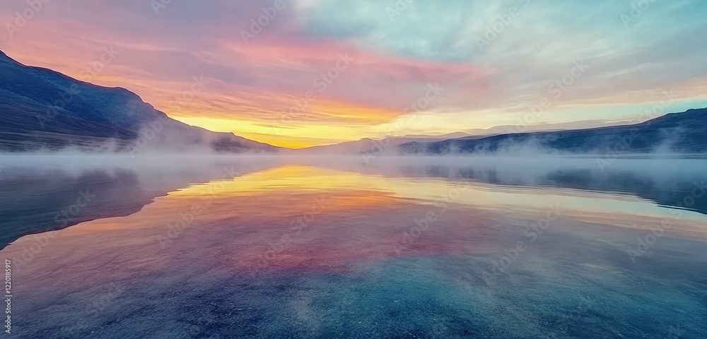 Calm, glass-like lake at sunrise, with mist drifting above the water and a mirror reflection of nearby mountains and colorful sky.