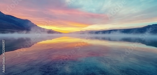 Obraz na płótnie Calm, glass-like lake at sunrise, with mist drifting above the water and a mirror reflection of nearby mountains and colorful sky. w salonie