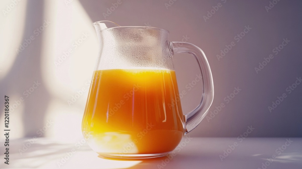 A close-up shot of a glass pitcher filled with vibrant orange juice bathed in sunlight casting shadows A close-up shot of a glass pitcher filled with vibrant orange juice bathed in sunlight casting shadows