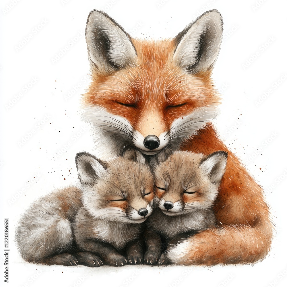 Naklejka premium A serene illustration of a mother fox cuddling her two adorable sleeping kits in a peaceful setting