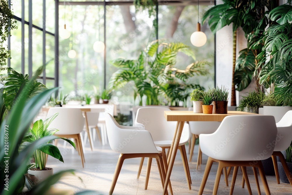 Modern indoor cafe with bright natural light and greenery accents, featuring elegant furniture and vibrant plants for a cozy atmosphere Modern indoor cafe with bright natural light and greenery accents, featuring elegant furniture and vibrant plants for a cozy atmosphere