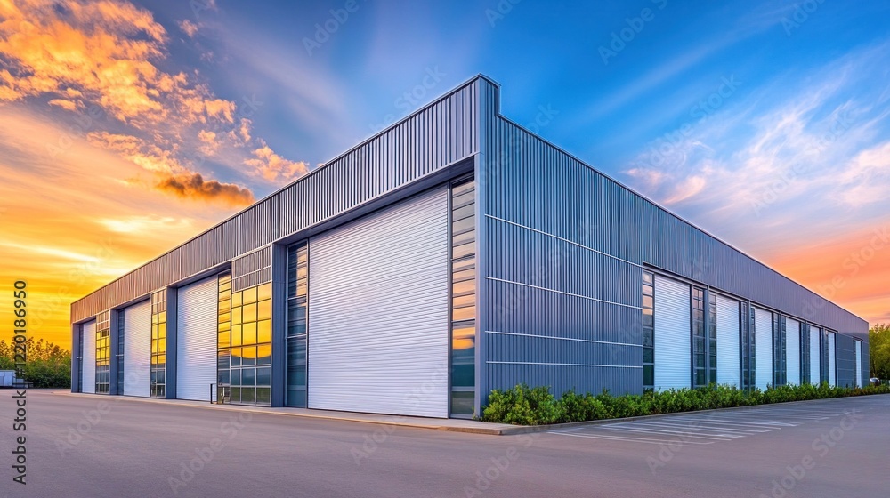 Obraz premium Modern Industrial Warehouse at Sunset