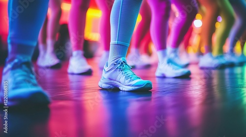 Wallpaper Mural A group fitness class with colorful lighting in a gym focusing on shoes and lower body movements Torontodigital.ca