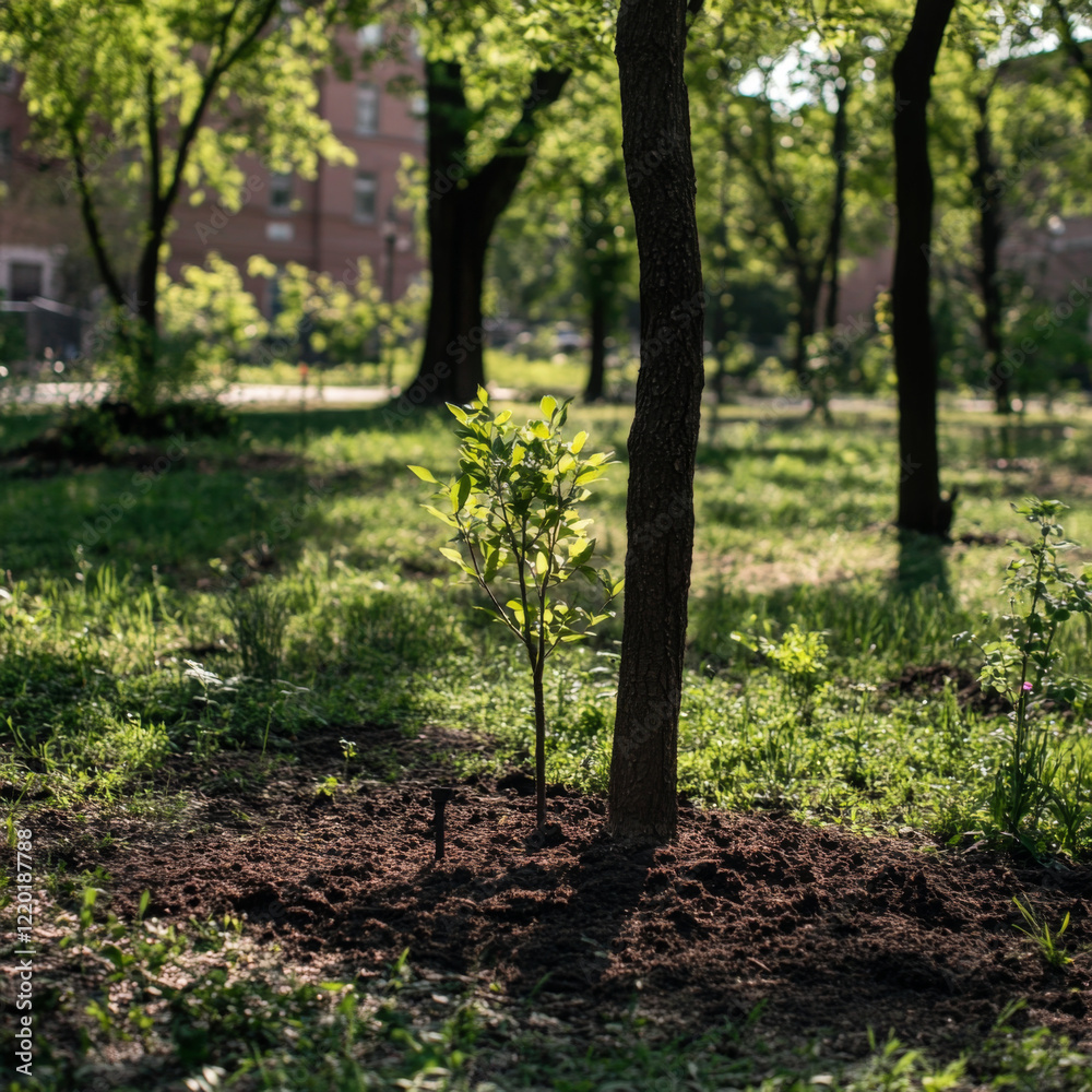 Fototapeta premium Young Sapling Emerging in Urban Park Setting