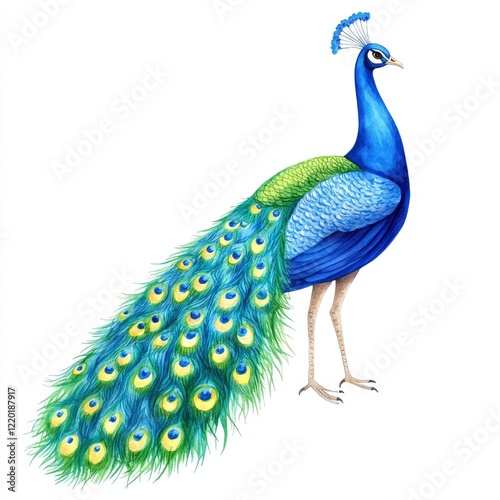 A blue and green peacock with its head held high