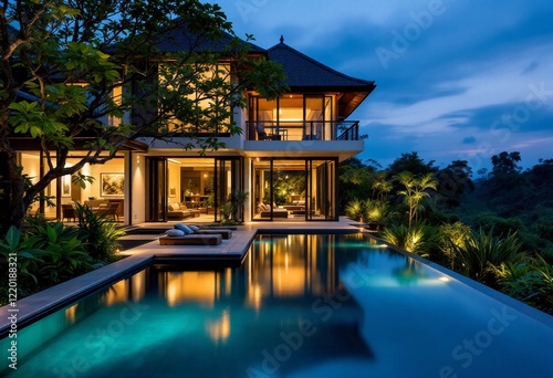 Luxury Villa with Infinity Pool at Dusk photo