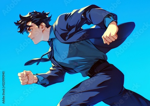 Dynamic young businessperson in motion with stylish suit against vivid blue sky background representing ambition and determination in professional success