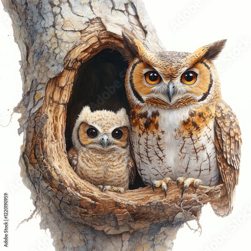 A majestic adult owl and its fluffy chick perched together in a tree hollow, surrounded by nature's tranquility photo