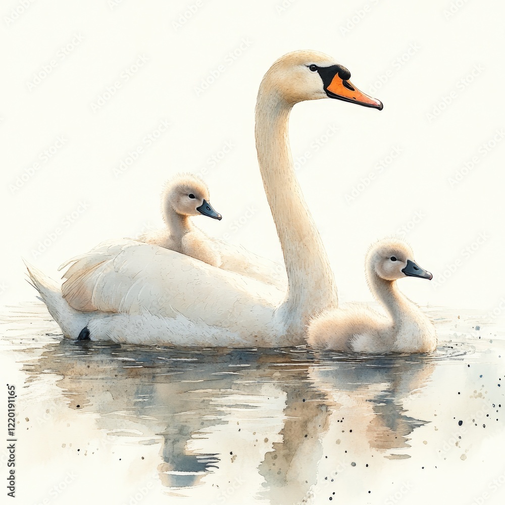 Fototapeta premium A serene scene of a swan and its two cygnets gracefully swimming on calm waters, reflecting a peaceful environment