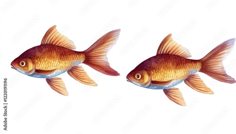 Obraz premium Two realistic goldfish swimming gracefully in clear water, showcasing their vibrant colors and fins