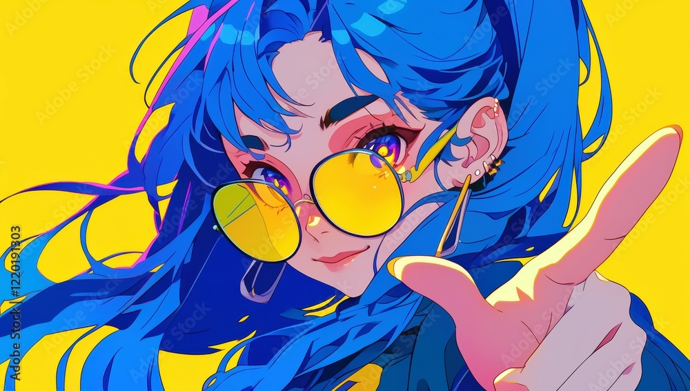 Naklejka premium Vibrant Blue-Haired Girl with Sunglasses Pointing Playfully in Colorful Fashion Illustration on Bold Yellow Background