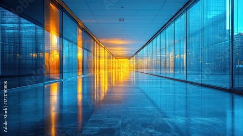Modern hallway with glass walls illuminated by warm and cool lighting