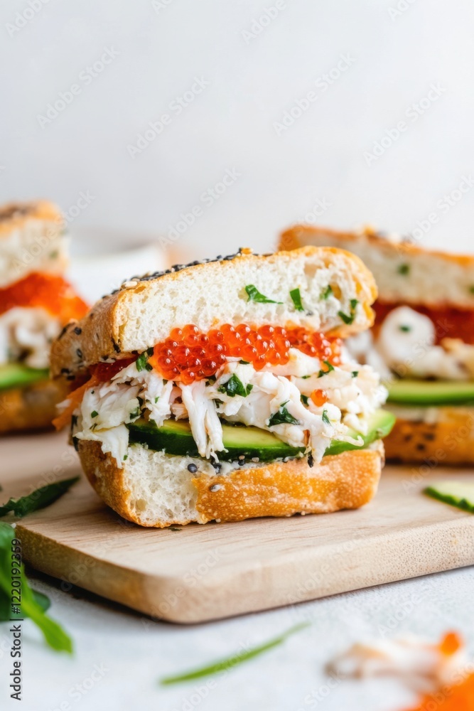Delicious mini sandwiches with crab meat, avocado, and caviar on wooden board Delicious mini sandwiches with crab meat, avocado, and caviar on wooden board
