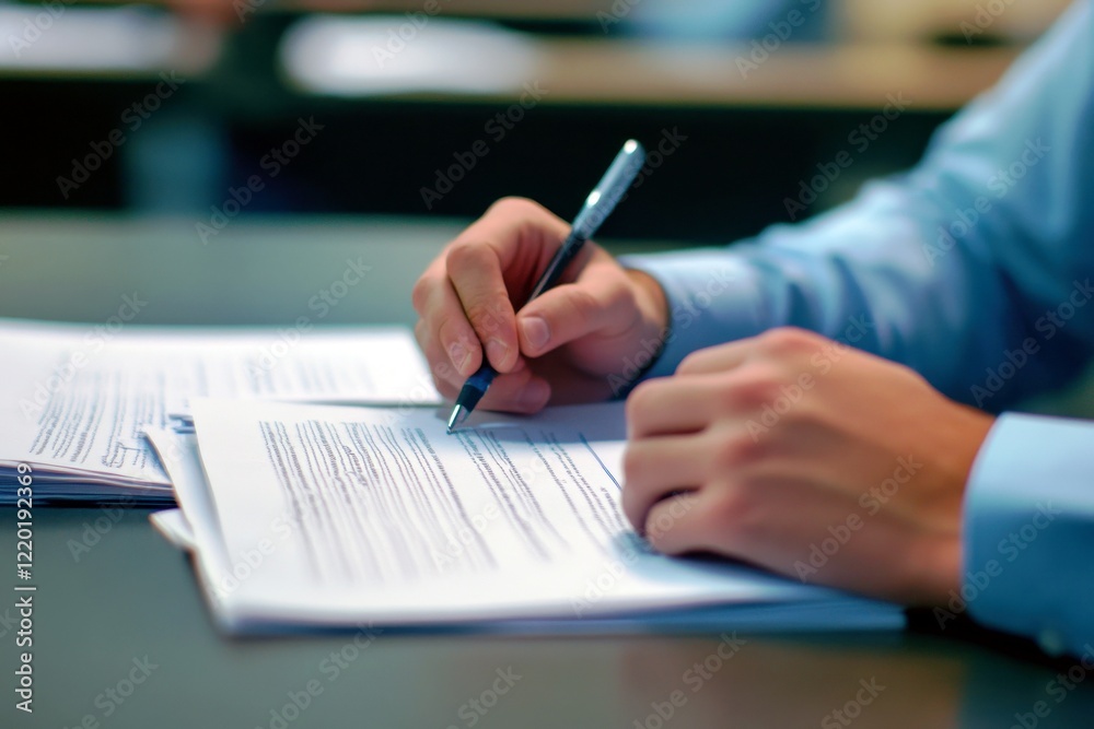 Close-Up of Person Writing on Paper with Pen in Office Setting, Demonstrating Focus on Professional Document Preparation and Note-Taking Process Close-Up of Person Writing on Paper with Pen in Office Setting, Demonstrating Focus on Professional Document Preparation and Note-Taking Process