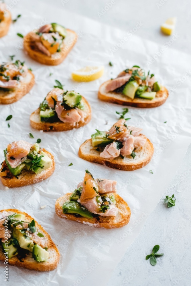 Mini toasts with creamy avocado and tuna topped with lemon zest Mini toasts with creamy avocado and tuna topped with lemon zest
