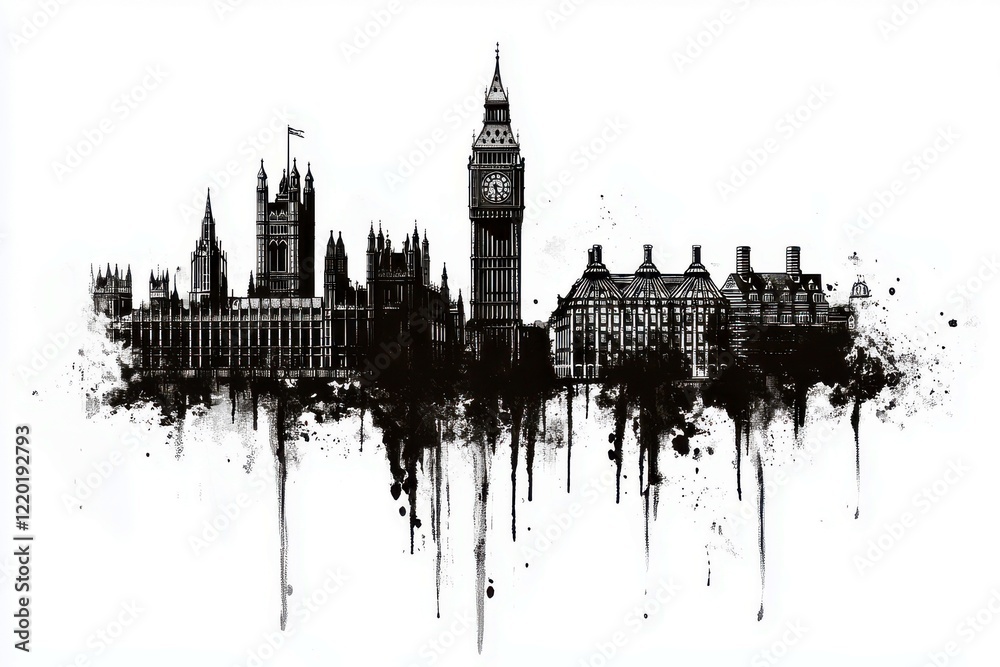 Fototapeta premium Urban silhouette of iconic London landmarks featuring Big Ben, Houses of Parliament, and a dramatic ink splash effect against a white background