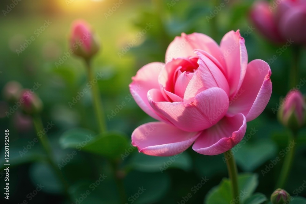 Delicate pink petals unfolding in dense green foliage, foliage, blooming flowers Delicate pink petals unfolding in dense green foliage, foliage, blooming flowers