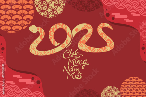 Translation: Happy New Year, 2025. Happy Vietnamese New Year Tet  or Tết Day 2025 year of the snake vector illustration. Suitable for greeting card, poster and banner. 