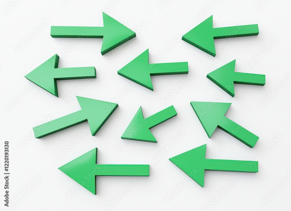 Assorted green 3D arrows in different directions, white backdrop. Assorted green 3D arrows in different directions, white backdrop.