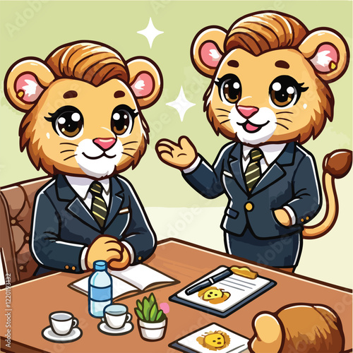 Two cartoon lion characters in business suits at a desk with office supplies and coffee cups present