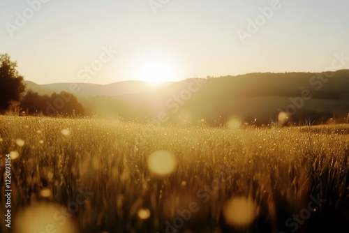 Serene Sunrise Over Golden Field with Morning Dew, Scenic Landscape of Tranquil Nature, Sunlight Glimmering on Grass, Peaceful Rural Scene