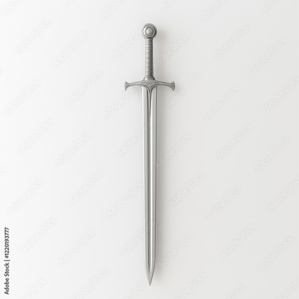A silver longsword with a simple crossguard and spherical pommel, isolated on a white background. A silver longsword with a simple crossguard and spherical pommel, isolated on a white background.