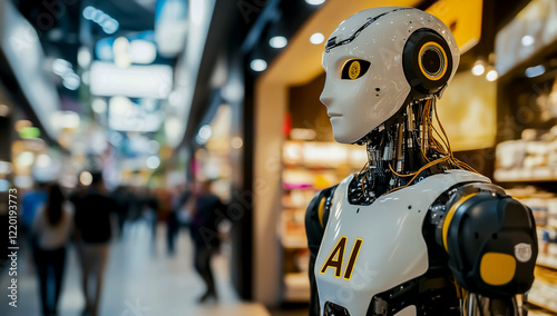 Wallpaper Mural A humanoid robot with AI label standing in a blurred shopping mall with people walking by Torontodigital.ca