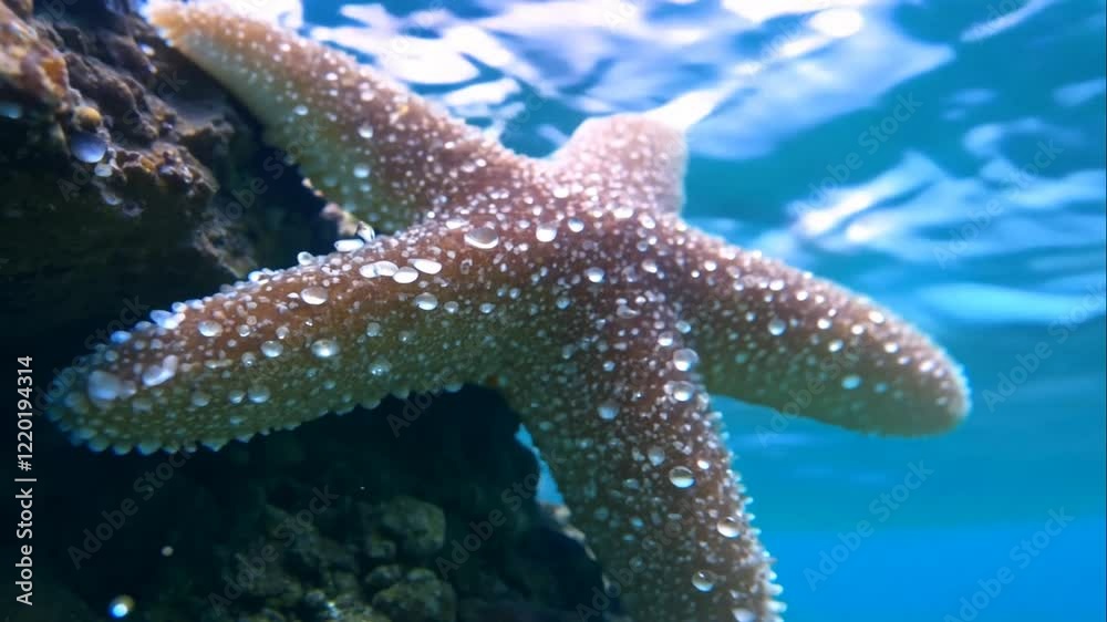 Close-Up View of a Starfish on Ocean Floor with Crystal Clear Water, Showcasing Unique Texture and Droplets of Water in a Vibrant Marine Environment Close-Up View of a Starfish on Ocean Floor with Crystal Clear Water, Showcasing Unique Texture and Droplets of Water in a Vibrant Marine Environment