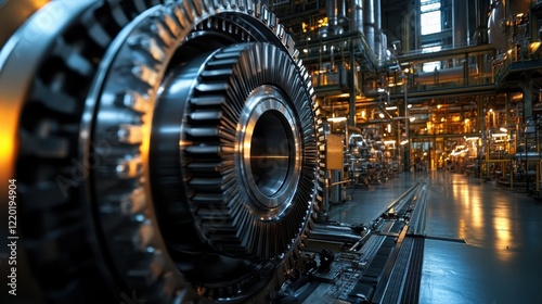 A gas turbine engine in full operation, its intricate gears turning rapidly as it powers a petrochemical plant's automated systems.
