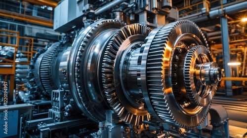 A close-up of gears and turbines spinning inside a gas turbine engine, with energy emissions in a massive petrochemical plant.