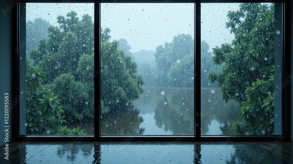 Naklejka premium Serene Rainy Day View from Large Window Showing Lush Greenery and Calm Water Reflection