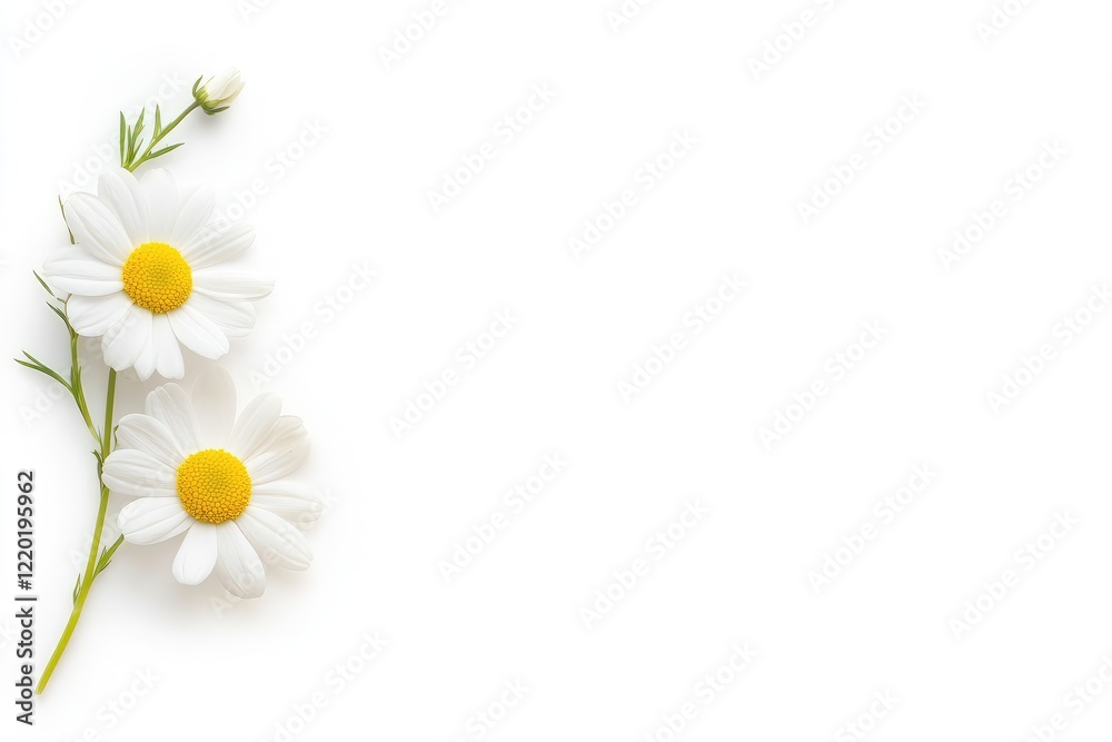 Fototapeta premium Two delicate white daisies with bright yellow centers on a clean white background, ideal for nature-themed designs