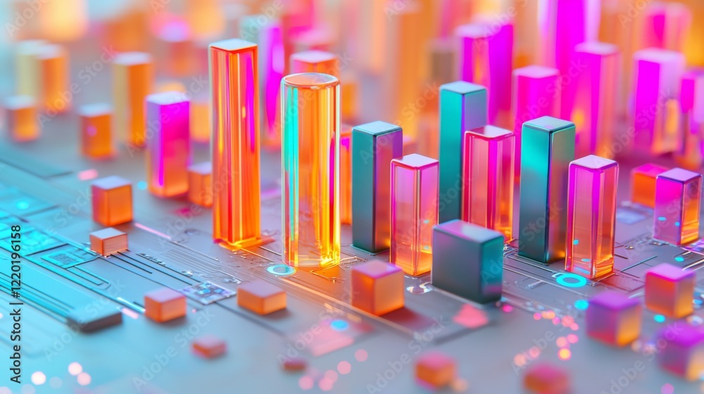 Colorful abstract visualization of data metrics represented by vibrant three-dimensional bars and cubes in a digital landscape Colorful abstract visualization of data metrics represented by vibrant three-dimensional bars and cubes in a digital landscape