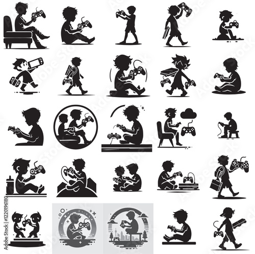 vector set silhouette of gaming addiction