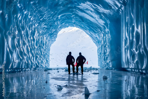 Ice Cave Explorers at the entrance of a massive ice cave in Alaska Matanuska Glacier showcase travel adventures in the last frontier