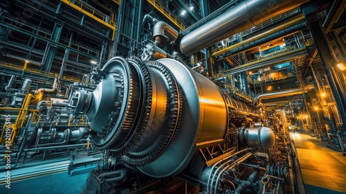 Gas turbine engine spinning at full speed, integrated into a massive petrochemical infrastructure with layers of pipes and control systems.