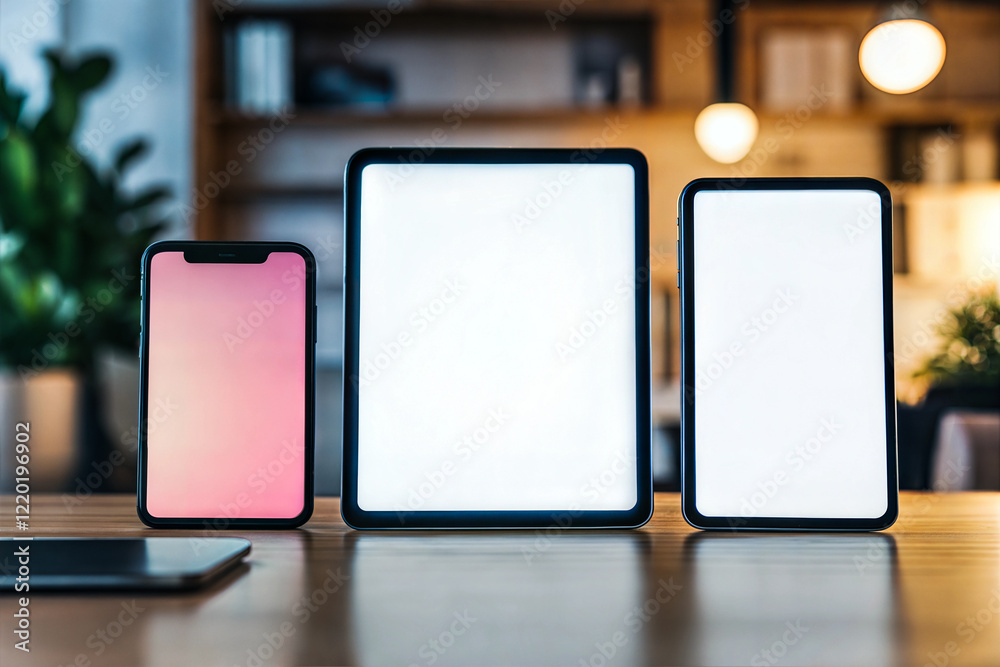 Device Screen Mockup: Smartphone, Tablet, Laptop, and Monitor with Blank Screen on Blurred Background Device Screen Mockup: Smartphone, Tablet, Laptop, and Monitor with Blank Screen on Blurred Background