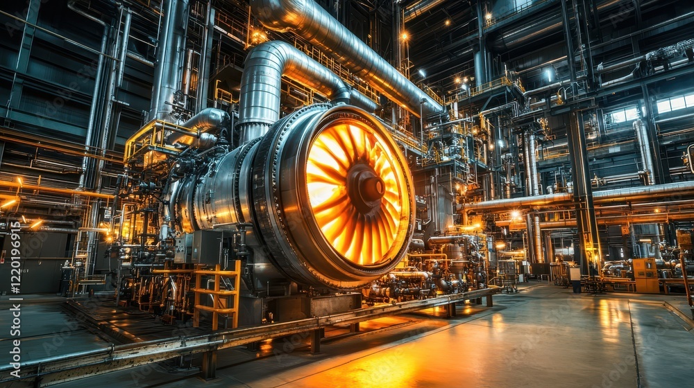 Gas turbine engine glowing with heat and energy, positioned in a large petrochemical facility with mechanical precision, surrounded by piping.