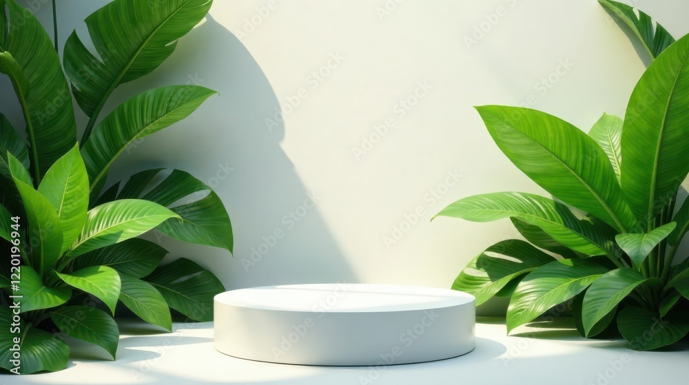 A serene minimalist display featuring a pristine white cylindrical pedestal encircled by vibrant, lush green foliage, bathed in soft sunlight A serene minimalist display featuring a pristine white cylindrical pedestal encircled by vibrant, lush green foliage, bathed in soft sunlight