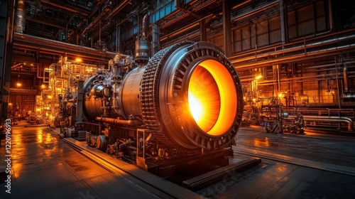 Gas turbine engine glowing with heat and energy, positioned in a large petrochemical facility with mechanical precision, surrounded by piping.