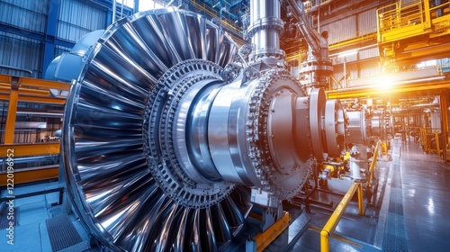 Gas turbine engine under full power, the inner workings visible with dynamic energy flows, at the heart of a modern petrochemical plant.