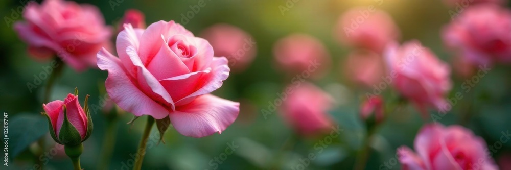 Delicate pink rose petals unfolding in a lush flower garden, botanical, bloom, pink Delicate pink rose petals unfolding in a lush flower garden, botanical, bloom, pink