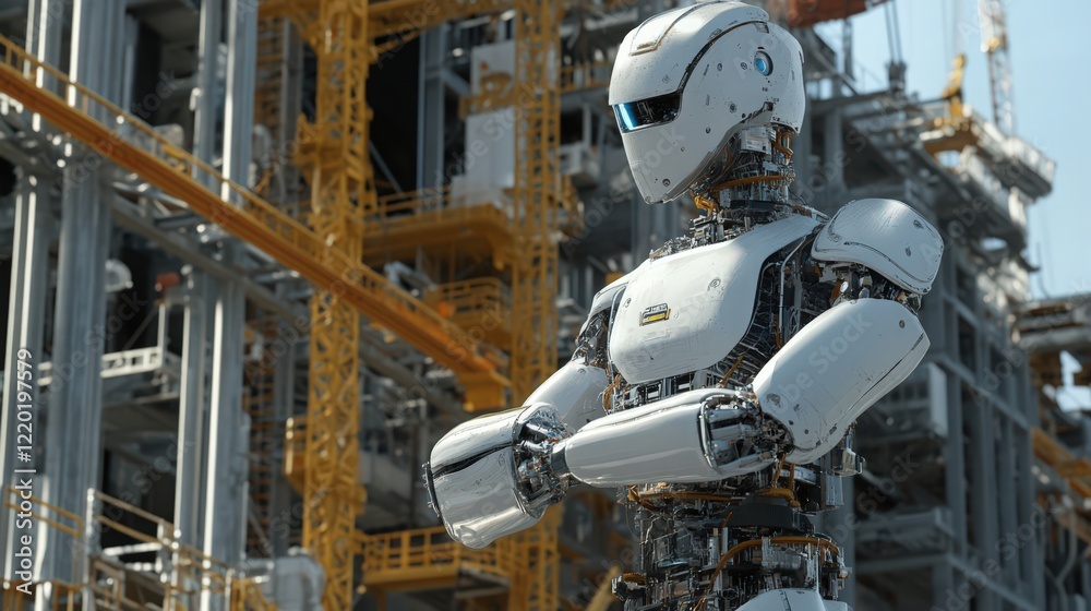 A white robot stands with arms crossed against a building construction site background A white robot stands with arms crossed against a building construction site background