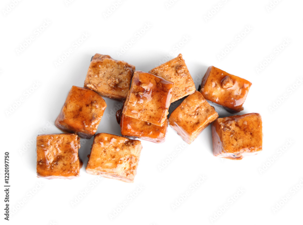 Pieces of fried tofu cheese with soy sauce on white background Pieces of fried tofu cheese with soy sauce on white background