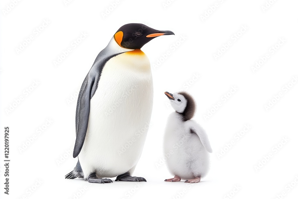 Obraz premium Adorable emperor penguin and fluffy chick standing together in a bright, snowy environment