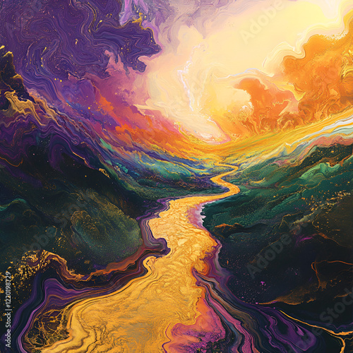 Golden River Valley: A surreal, vibrant landscape painting depicting a winding golden river flowing through a valley of rich, jewel-toned mountains under a dramatic, colorful sky.