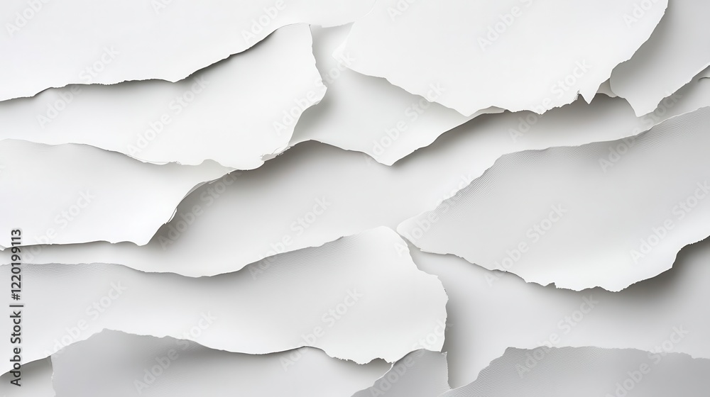 abstract composition of layered white paper tears creating organic shapes and soft shadows minimalist studio lighting on pure white backdrop abstract composition of layered white paper tears creating organic shapes and soft shadows minimalist studio lighting on pure white backdrop